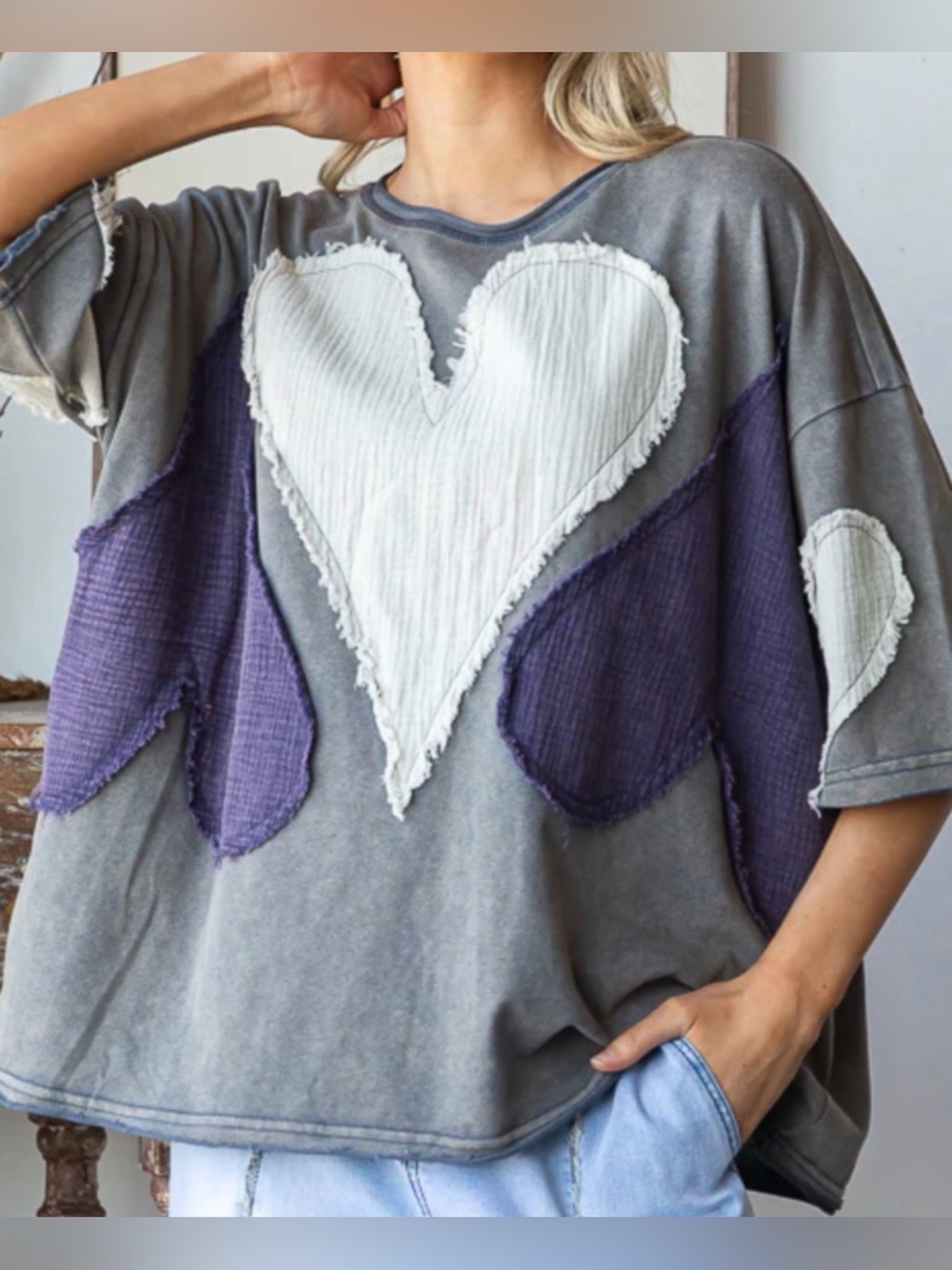 Oli & Hali Gray Tee with Cream and Deep Purple Heart Patches